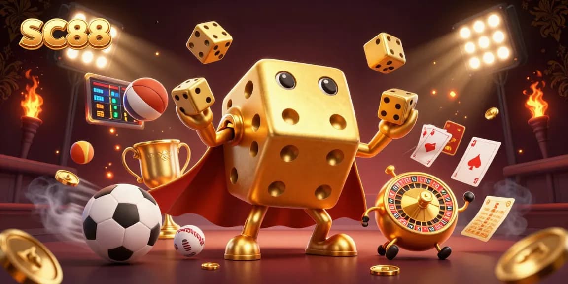 SC88 features a golden dice golem juggling dice in a vibrant casino scene.