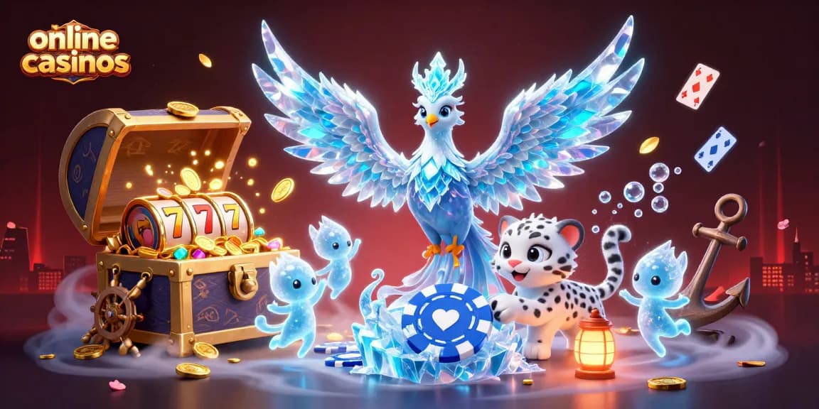 Experience the thrill of online casinos with a vibrant scene featuring a phoenix, snow leopard, and enchanting sprites.
