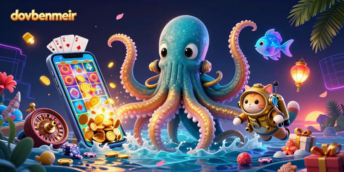 Win big with dovbenmeir as a colossal kraken emerges alongside diving cat in a vibrant gaming scene.