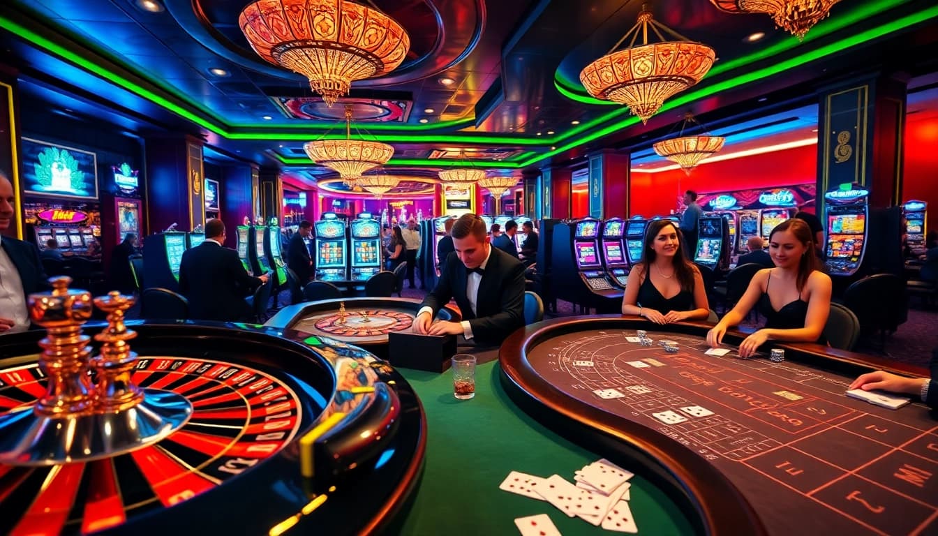Players enjoying the thrill of gambling at https://thabet.college/, surrounded by exciting casino elements.