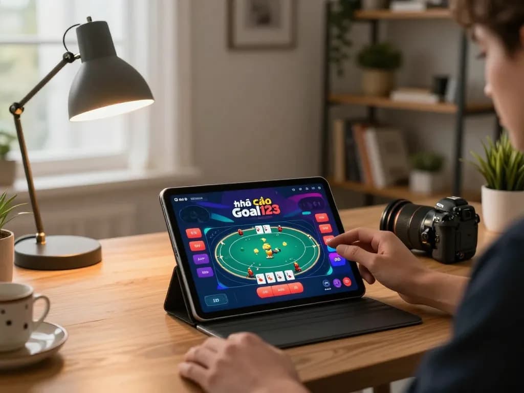Engaging gameplay on nhà cái goal123 online platform with a user interacting on a tablet in a cozy setting.