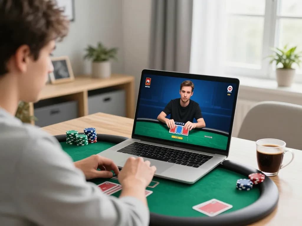 Engaging in an online poker game featuring idn poker on a laptop in a cozy home office setup.