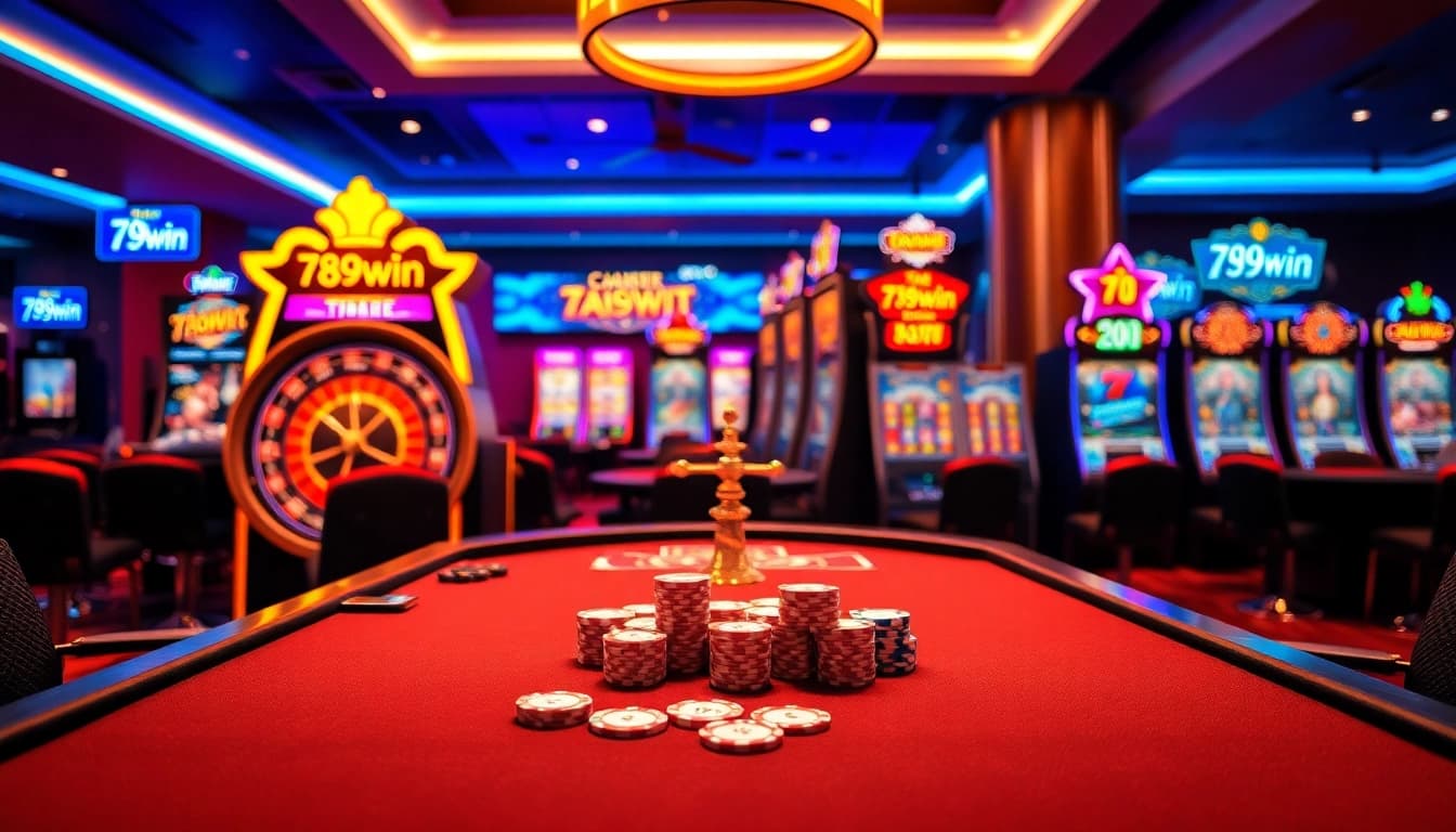 Experience the thrill of 789win at a vibrant casino table with poker chips and cards.