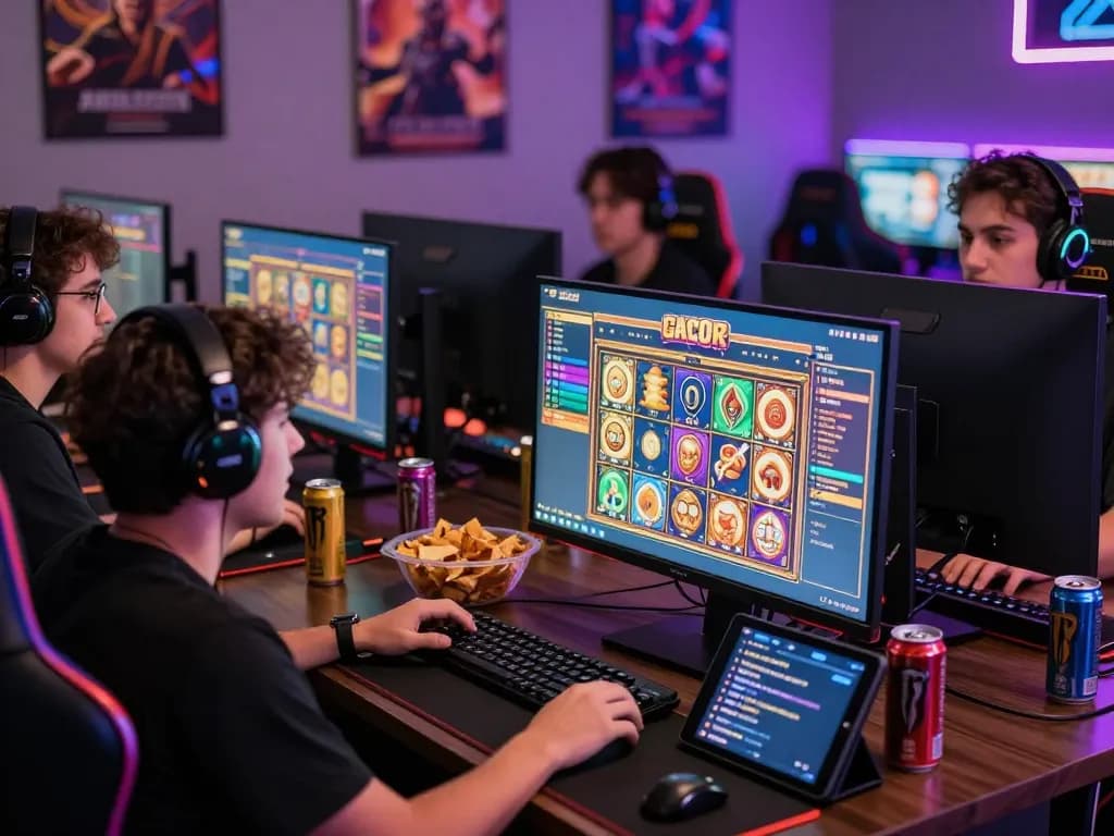 Group enjoying a lively online gaming experience with link gacor displayed on screen, showcasing excitement and social interaction.