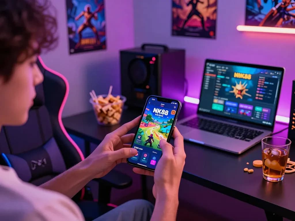 Engaging mobile gaming atmosphere highlighting đăng ký nk88 experience with vibrant visuals and modern setup.