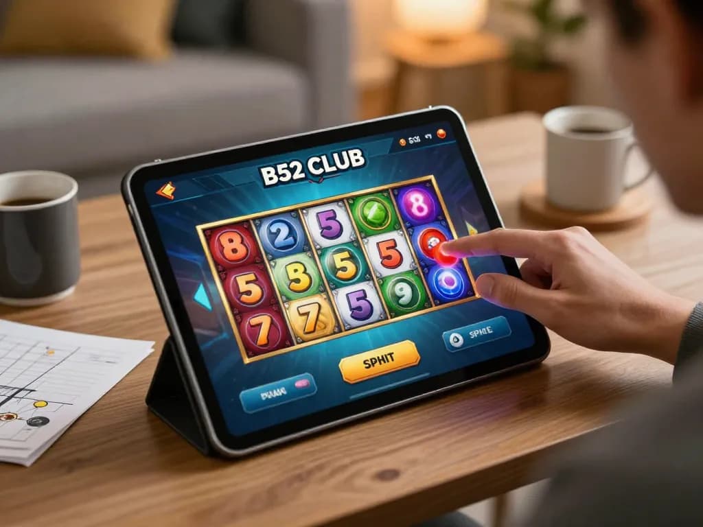 B52 CLUB mobile app in action, showcasing colorful slot reels and a player's hand excitedly pressing the spin button in a cozy living room