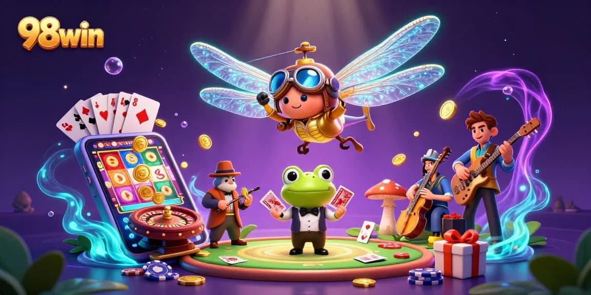Experience excitement at 98win with a dynamic casino scene featuring thrilling games and characters.