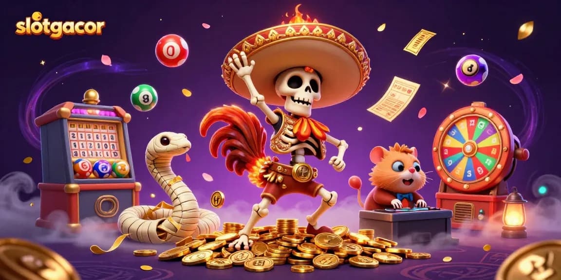 Win big with slotgacor in this vibrant 3D casino illustration filled with festive elements.