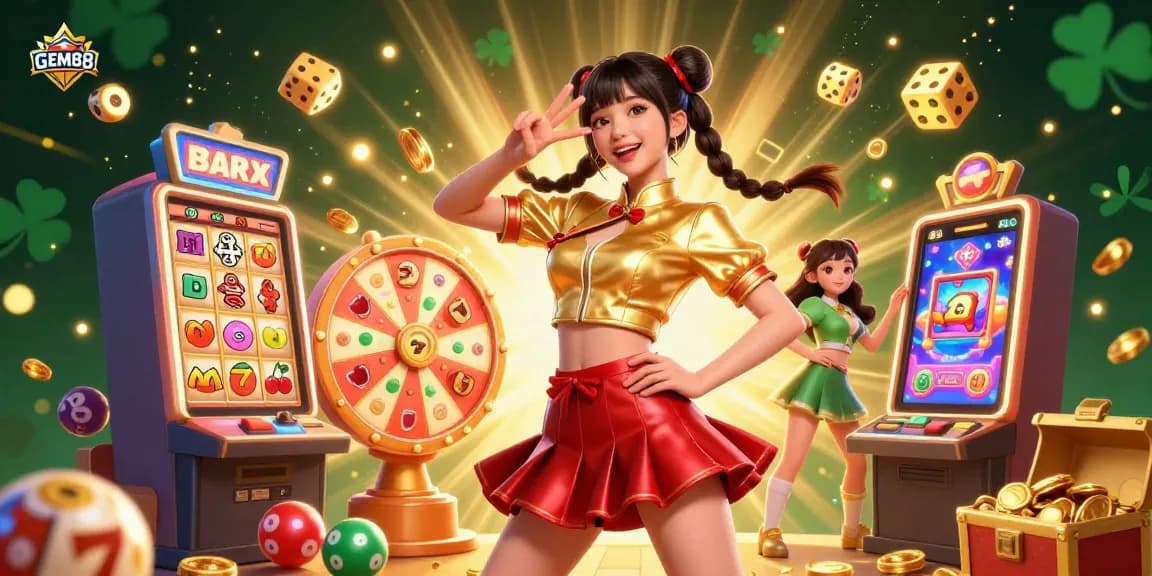 Engage with GEM88's thrilling casino experience featuring vibrant characters and dynamic gaming elements.