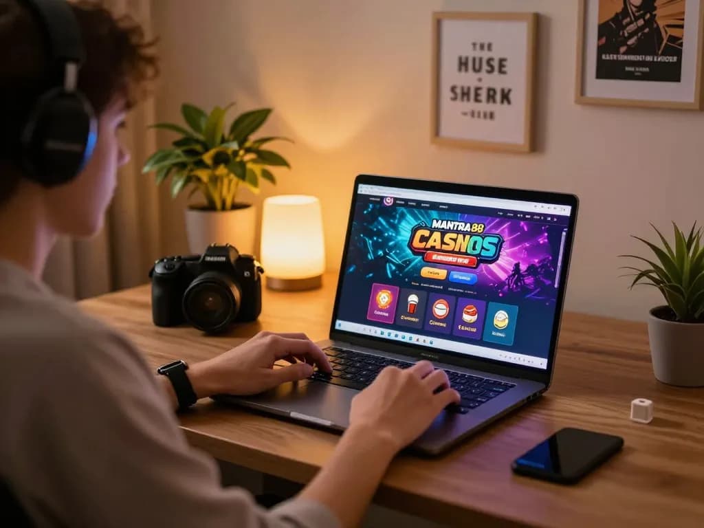 Engaging with mantra88 casino games on a laptop in a cozy home environment, emphasizing responsible gaming.