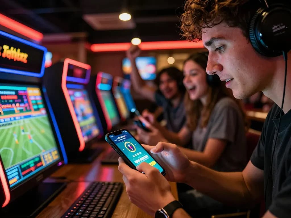 Engaging with the Jeetbuzz App in a lively sports bar, showcasing intense gameplay and excitement.