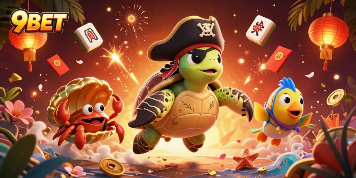 Engage with 9BET's vibrant gaming world featuring a pirate turtle, crab, and parrotfish.