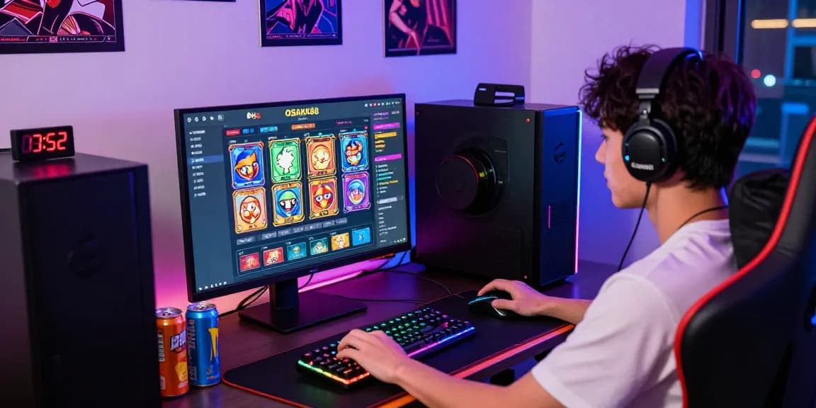 Player engaging with OSAKA88 online gaming platform in a vibrant setup, showcasing colorful games and gaming gear.