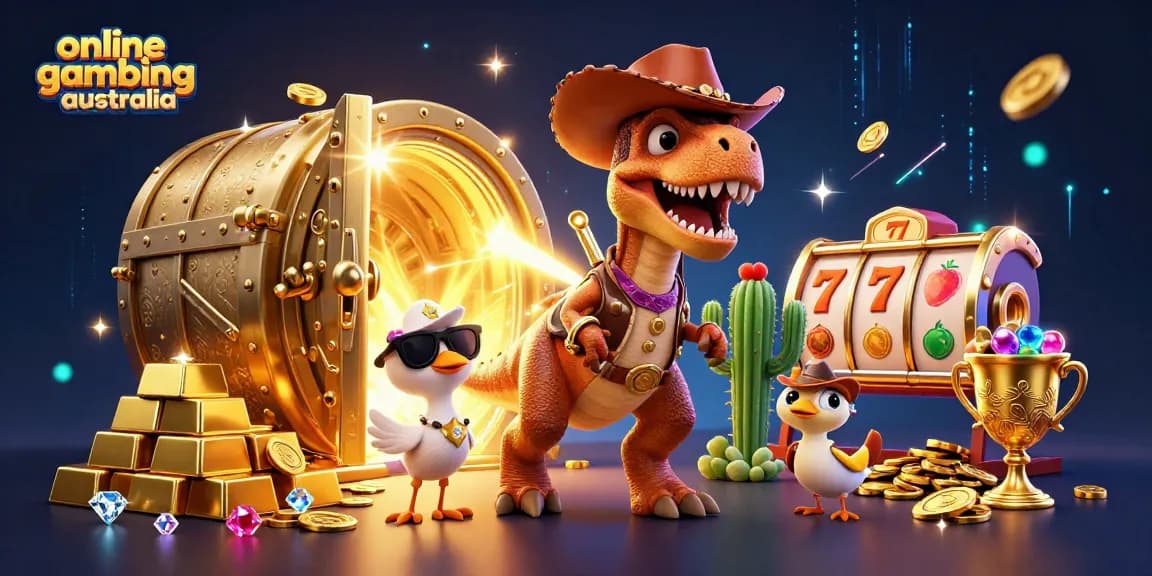 Experience the thrill of online gambling australia with a cowboy dinosaur and treasure in an exciting gaming scene.