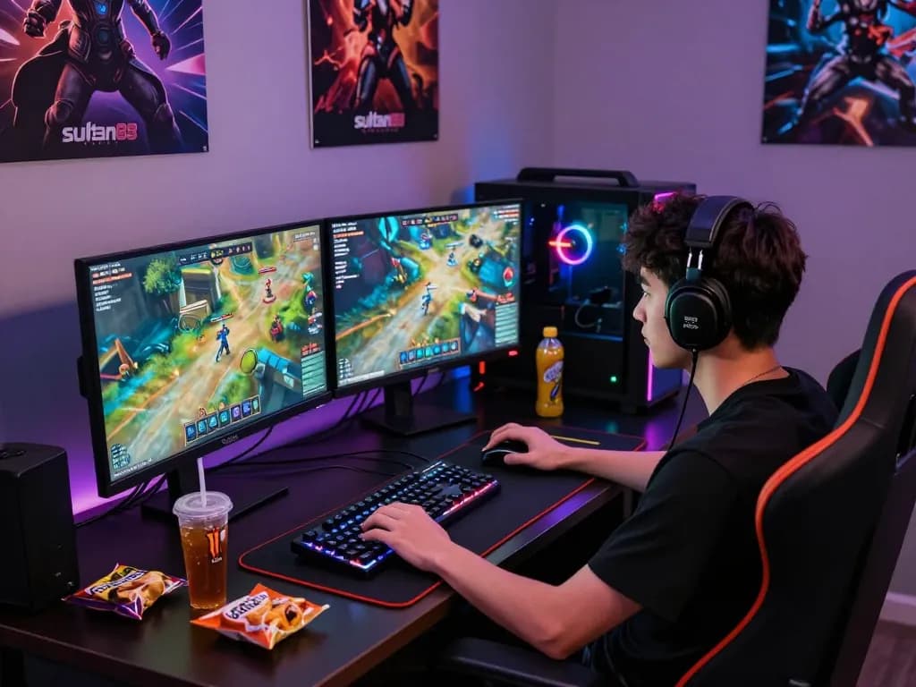 Gamer enjoying sultan88 on dual monitors with vibrant graphics and gaming accessories.