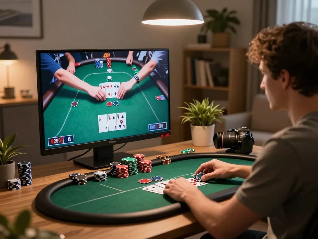 Engaging moment of a player immersed in lucks8 online poker game, showcasing vibrant chips and cards on screen.