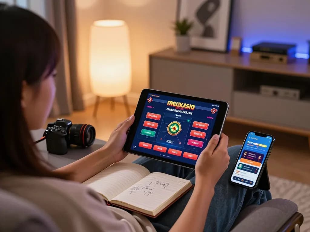 Play engaging games at a malaysia online casino, enjoying a cozy home gaming setup with tablet and strategies