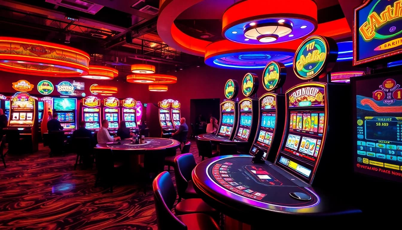 Experience the thrill of AT99 casino slot machines and games with vibrant lights and engaging atmosphere.
