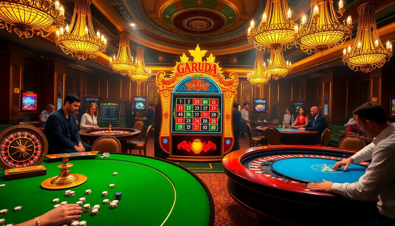 Play exciting Garuda slot games in a luxurious casino atmosphere full of vibrant gaming options.