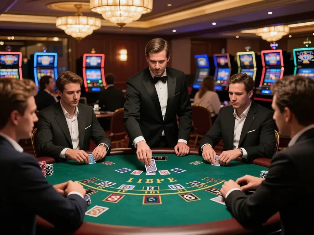 Players engaging at a blackjack table, showcasing uk88s subtle strategies and tension of high-stakes casino gameplay.