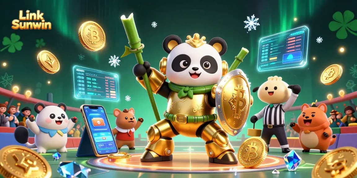 Experience thrilling gameplay with Link Sunwin’s immersive 3D casino illustration showcasing vibrant characters and crypto elements.