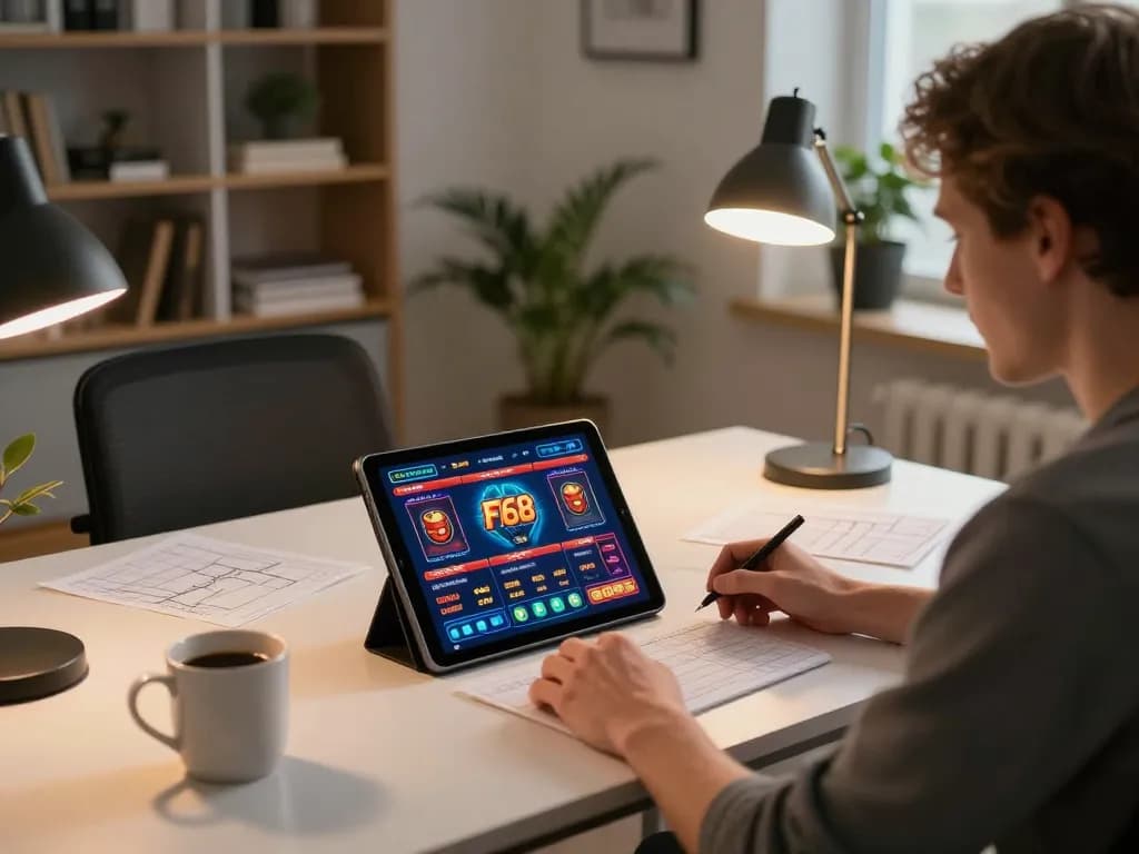F168 user engaged in online casino gaming, showcasing the tablet interface and comfy surroundings.
