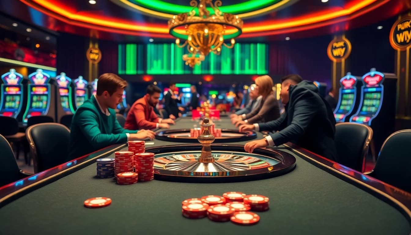 Players enjoying a thrilling poker game at a luxurious casino, inspired by gamebaidoithuong coffee.