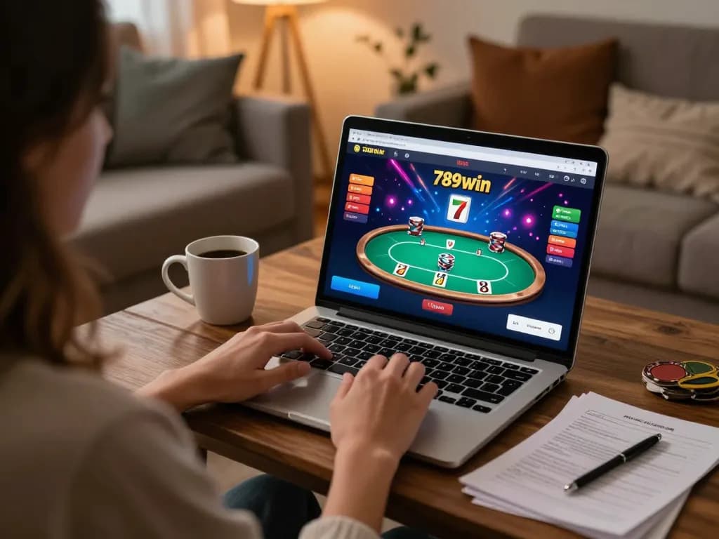 Person playing poker online at 789win, showcasing strategic gameplay in a cozy home setting.