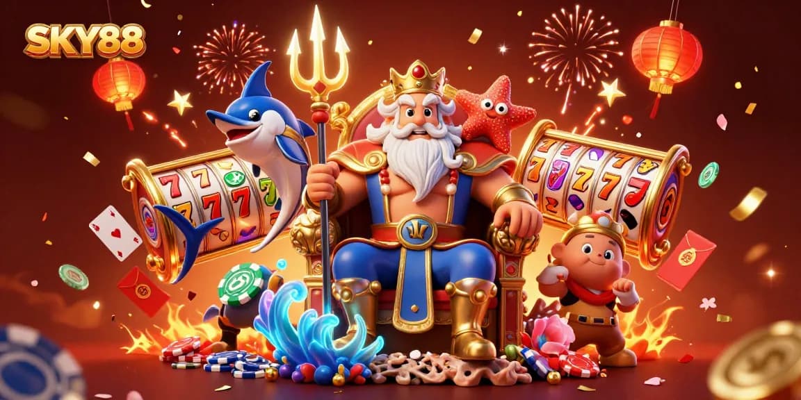 Experience exciting gameplay at SKY88 with vibrant slot reels and festive casino elements in this energetic illustration.