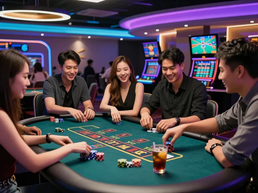 Exciting casino gaming atmosphere at https://32win.agency/ featuring diverse players engaged in lively table games, illuminated by colorful lights.