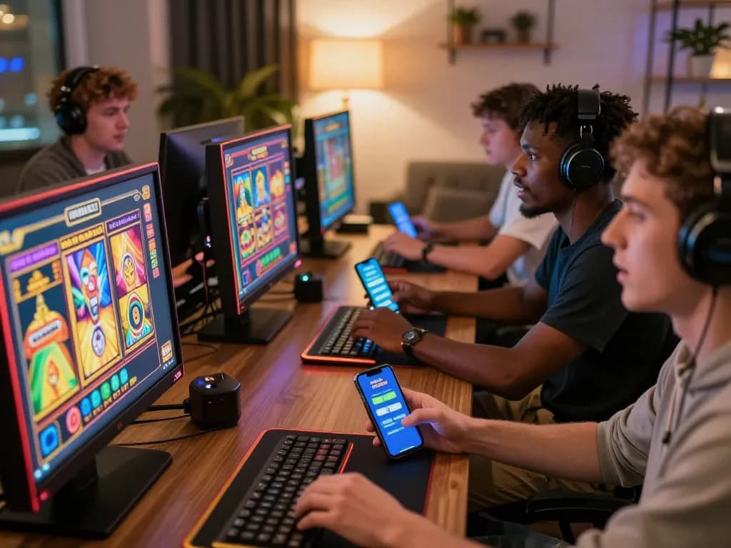 Engaged players enjoying LGOSUPER's online slots, showcasing vibrant graphics and responsible gaming practices.
