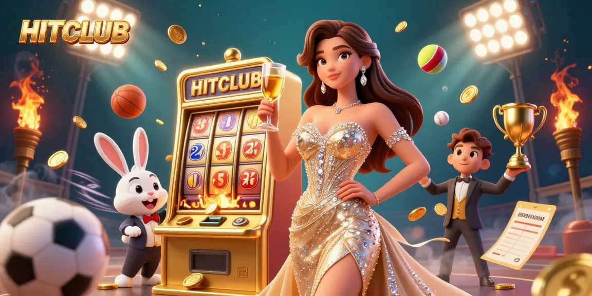 Experience the thrilling HITCLUB jackpot with coins raining from a slot machine, immersing you in the casino excitement.