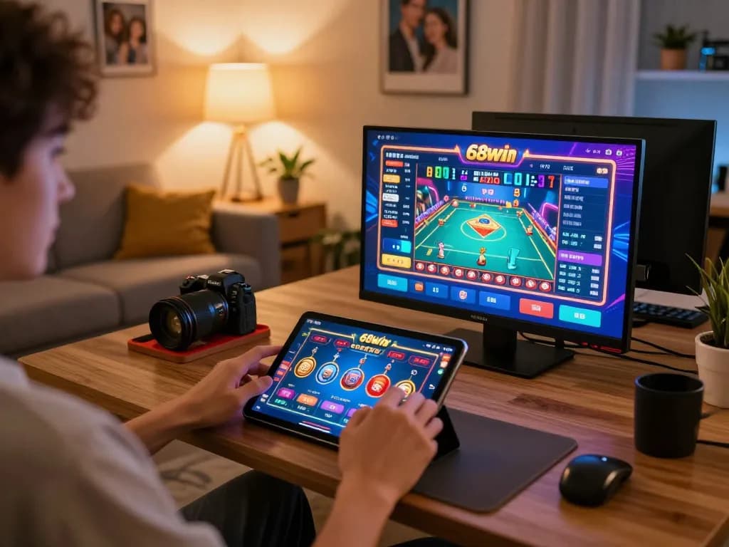 Engaged player enjoying 68win on a tablet in a cozy living room during a relaxed gaming session