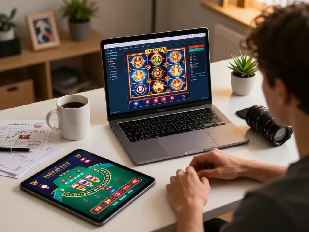 Player engaging with KDSLOT online casino, showcasing dynamic slot games and a welcoming home atmosphere.