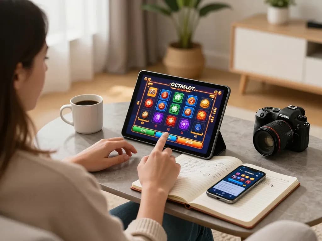 Playing octaslot on a tablet in a cozy home setting, showcasing an inviting online gambling atmosphere.