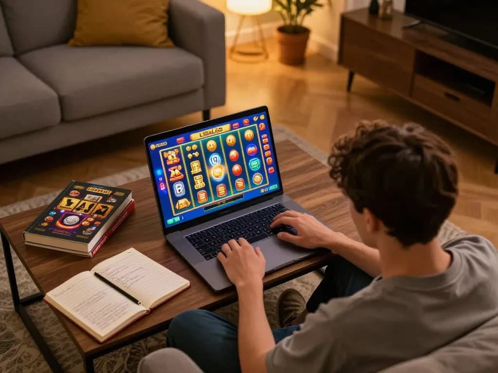 LIGALGO player engaged in a thrilling online slot game with vibrant graphics in a cozy home setting.