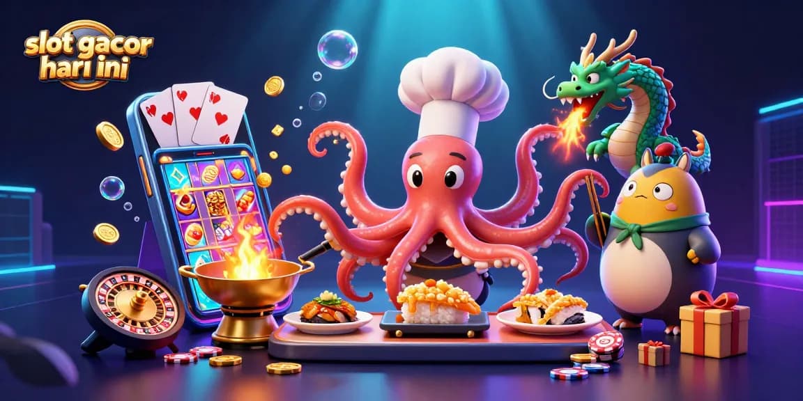 Experience the excitement of slot gacor hari ini with a vibrant 3D illustration of an octopus chef, dragon, and tanuki.