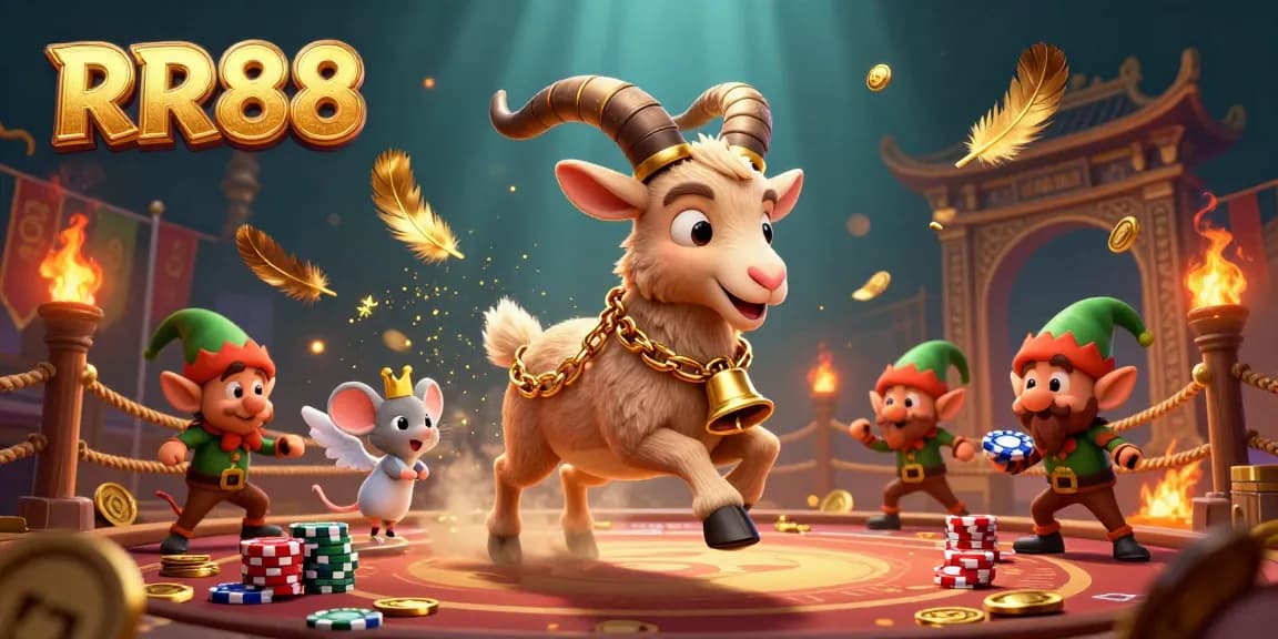 Experience RR88's dazzling casino scene with Krampus and playful elves amidst vibrant action!