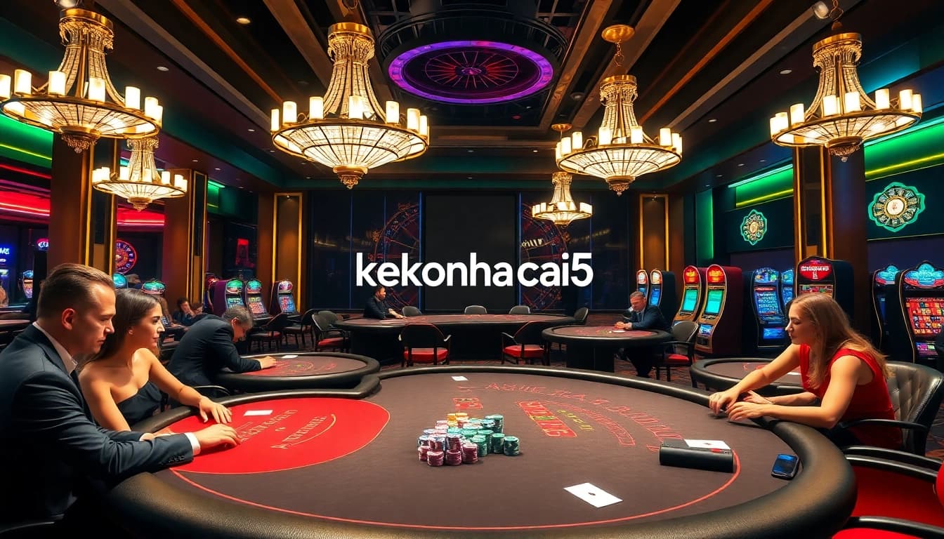 Experience the thrill of betting at keonhacai5 with vibrant casino visuals showing poker tables and roulette wheels.