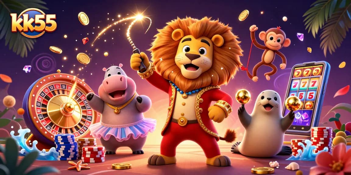 Spin to win with kk55, featuring a vibrant circus scene of casino characters and game elements.