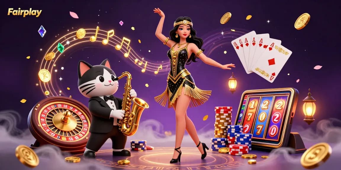 Experience excitement and winnings with Fairplay's thrilling casino illustration featuring dynamic characters and game elements.