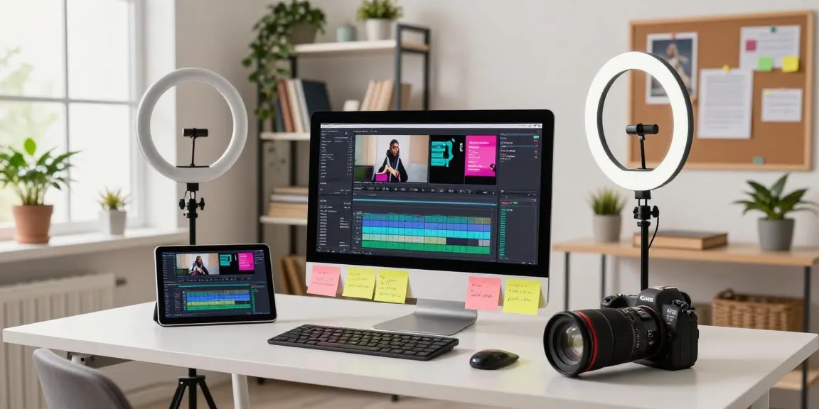 Creative workspace adding text to video clips in a modern home studio.