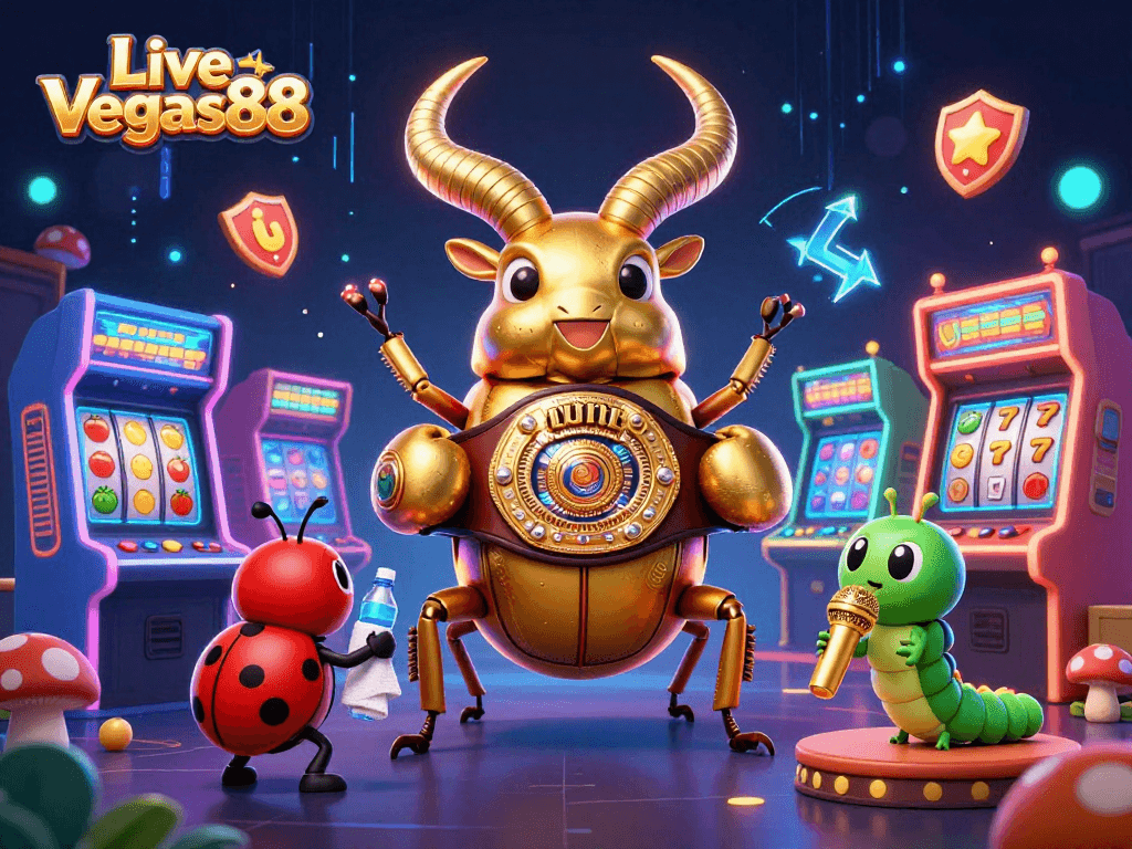 Engage with Live Vegas88's gaming excitement featuring a golden stag beetle champion in a dynamic casino scene.