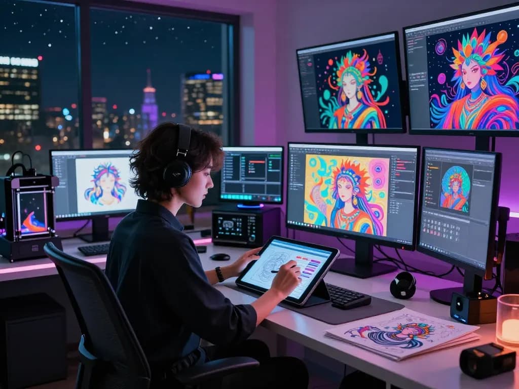 Creating innovative ai nsfw artwork in a high-tech digital studio setting with vibrant illustrations and advanced tools.