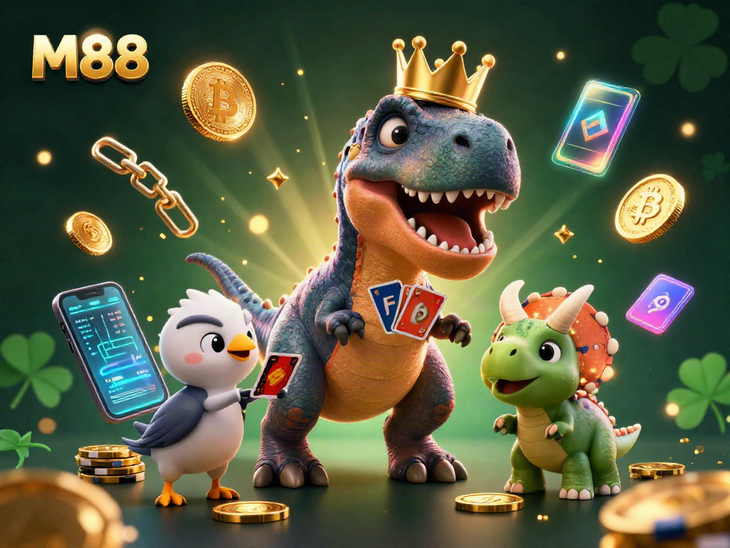 M88 showcases a vibrant, animated casino scene with dinosaurs engaged in exciting card games.