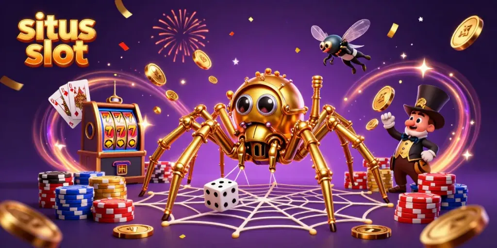 Catch the excitement of situs slot in this vibrant 3D illustration featuring a golden spider, lucky sevens, and sparkling gems.
