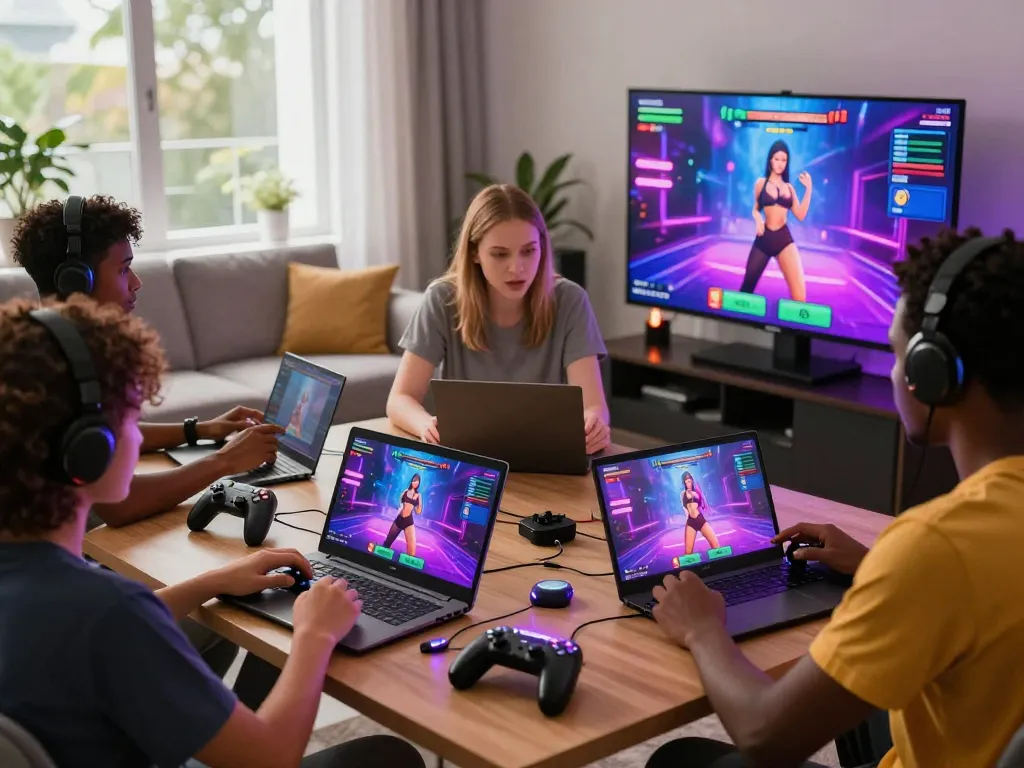 Engaged gamers exploring exciting porngames in a vibrant, modern setting