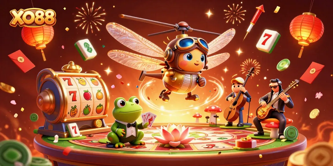 Experience XO88's thrilling slots scene with vibrant characters and festive elements in a captivating illustration.