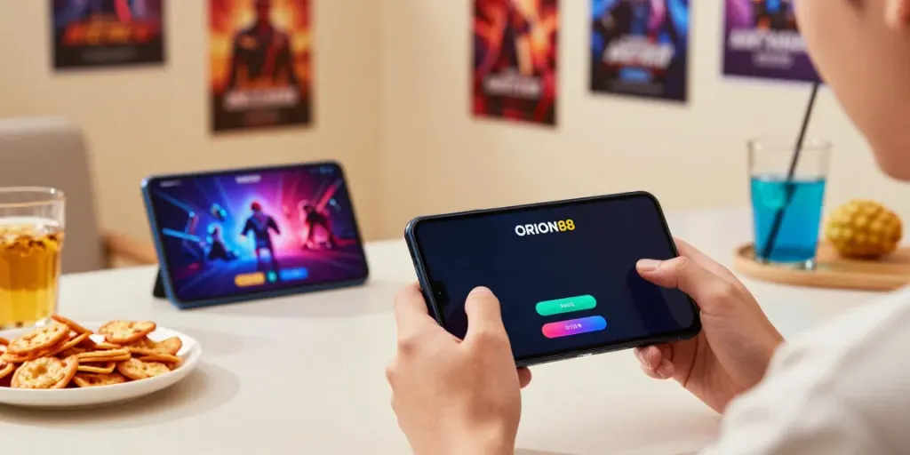 Engaged user playing ORION88 mobile app in a cozy gaming setup