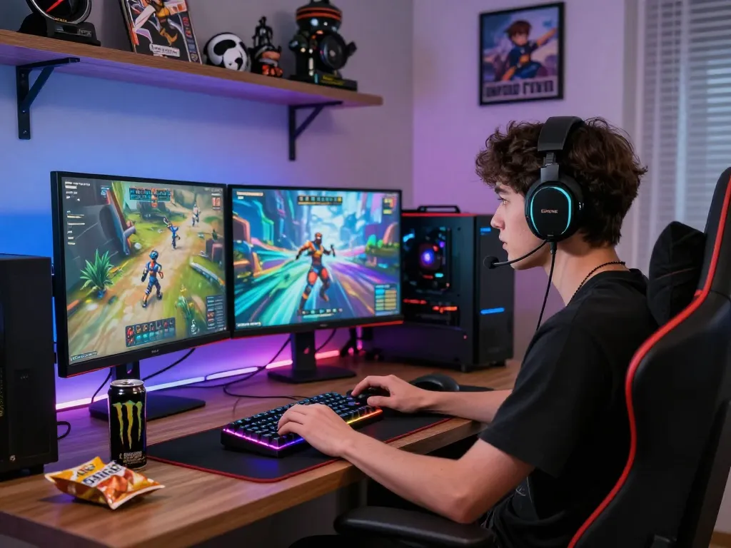 In a vibrant online gaming setup, a player immersed in foya888 gameplay enjoys a dynamic environment filled with advanced tech and gaming elements.
